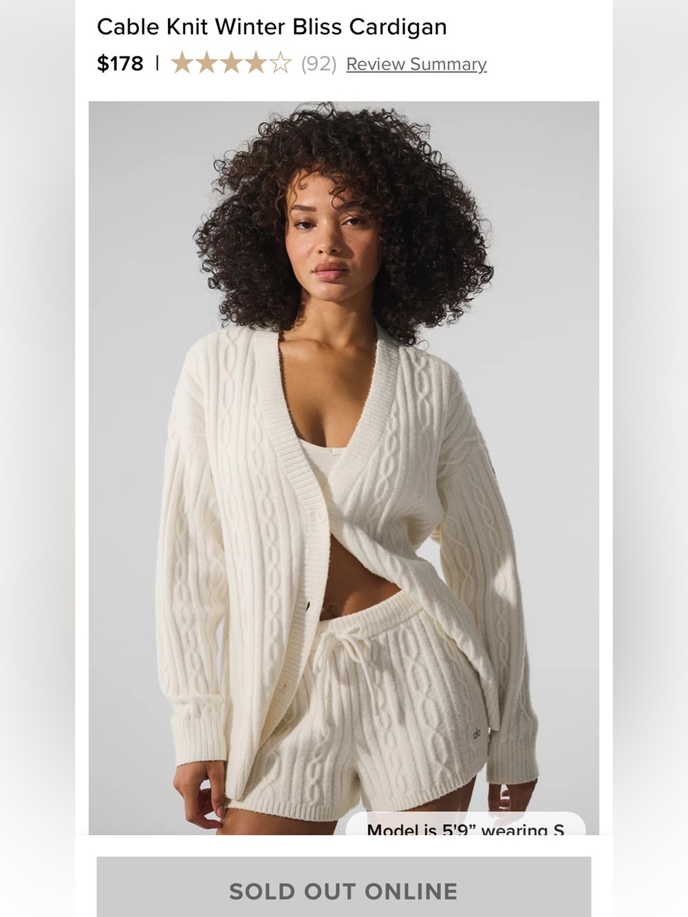 Alo Cable Knit Winter Bliss Cardigan XS